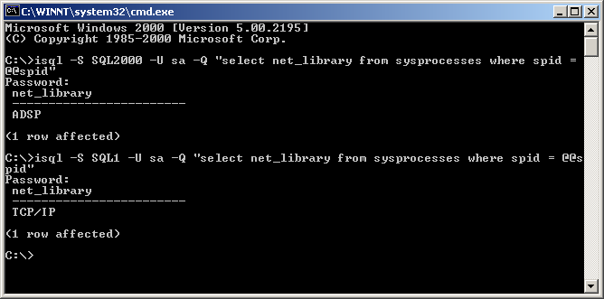Screenshot of the isql utility connecting over AppleTalk and TCP/IP